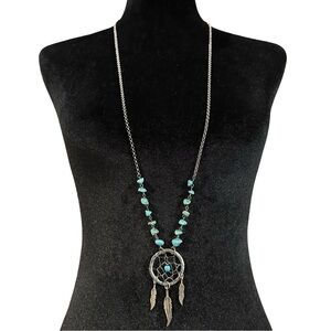 Dream Catcher Necklace Long Length Silver Tone Blue Beads
